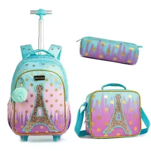 Fashionable Waterproof School Backpack Lunch Bag Pencil Case Set for Boys and Girls Travel Luggage Trolley for Kids