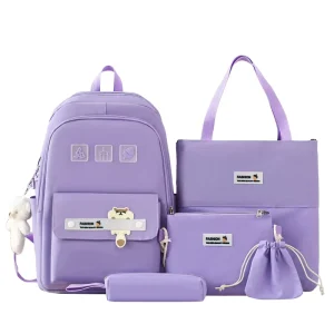 Five-piece Set Simple and Versatile Solid Color Student Backpack for Women Large Capacity Casual Backpack