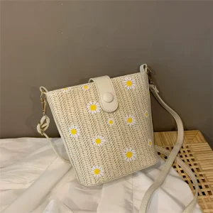 French Textile Women’s Crossbody Shoulder Chain Bucket Bag with Zipper Closure Flowers Pattern