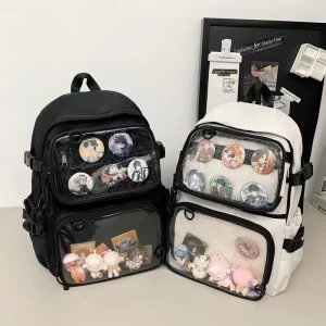 Functional Ita Backpack Dual Transparent Pockets for Plushies & Pins Waterproof Nylon School Casual Daypack for Men and Women