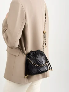 Genuine Cowhide Leather Mini Bucket Bag Women Vintage Lattice Quilted Shoulder Bag Portable String Handbag for Boutique Party
