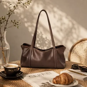 Genuine Leather Women Handbag White Top Handle Satchel Shoulder Bag Lock Detail Office Custom OEM Factory Supplier