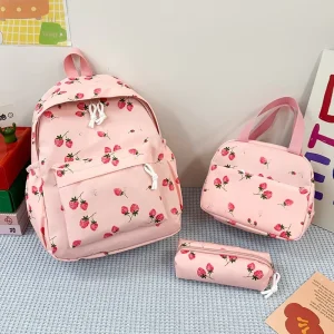 Girls Oxford High Capacity Strawberry Patterned Casual Cute Student Backpack for Elementary School Students