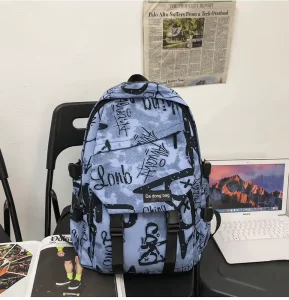 Graffiti Print Unisex Internal Frame Polyester Fashion Backpack Zipper Soft Handle Cell Phone Pocket Physiological Curve