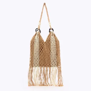 Handcrafted Fringed Net-shaped Beach Bag with Single Shoulder Strap