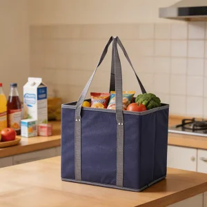 Heavy Duty Non Woven Storage Tote Foldable with Cardboard Insert Customizable for Heavy Groceries Canned Goods Kitchen Supplies
