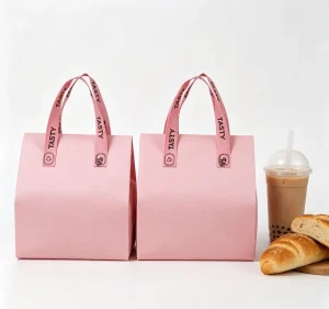 High Quality Custom Logo Pink Non Woven Tote Bag Food Grade Moisture Proof Insulated Packaging for Salad Bread Cake Milk Take
