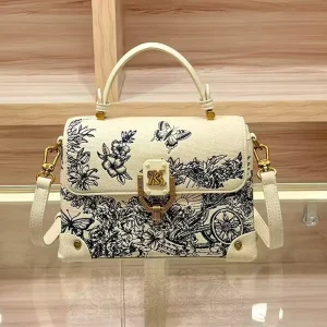 High Quality Luxury Handbag Small Square Design PU Material Waterproof Burlap Grain Embroidery Shoulder Bag