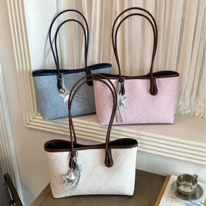 High Quality Stitched Felt Tote Bag Casual Commute Shoulder Bag Large Capacity Shopping Felt Handbag