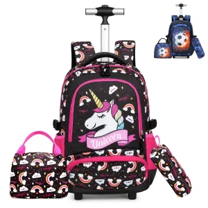 In Stock Kids Rolling Backpack Set with Aluminum Trolley 3PCS Unicorn Wheeled School Bag Set for Girls Sac a dos a Roulettes