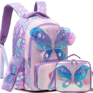 Jasminestar Factory Direct 3 in 1 Sequin Butterfly School Bag Cartoon Backpack With Lunch Bag Pencil Bag for Girls