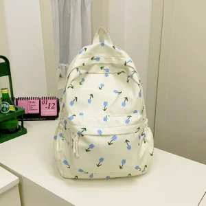 Korean Artistic Floral Nylon Backpack Zipper Curved Shoulder Straps for Female Junior High Middle School Students