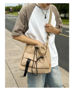 Korean Simple Unisex Pleated Multi pocket Drawstring Handbag Large Capacity Waterproof Nylon Tote Travel Bucket Shoulder Bag