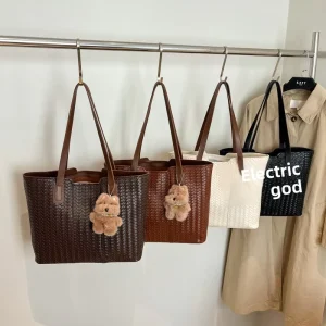 Korean-style Large-capacity Vintage PU Tote Bag with Zipper Closure for Women New High-end Woven-pattern Shoulder Handbag