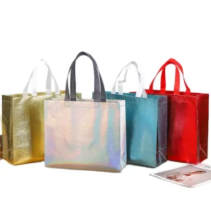 Large Capacity Holographic Packaging Laser Metallic Laminated Non Woven PP Non Woven Eco Shopping Tote Bags With Logo