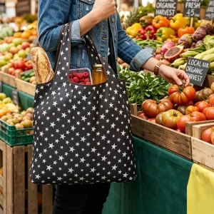Large Capacity Reusable Foldable Shopping Bag Grocery Tote Bag with Side Pocket Washable Shoulder Bag for Supermarket Travel