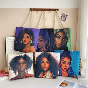 Large Capacity Shoulder Women’s Bag African Girl Printed Canvas Handbag Tote Canvas Shopping Bags