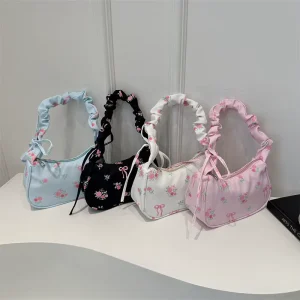 Large Capacity Single Shoulder Bag Autumn Pleated Floral Underarm New Niche Design Sweet Drawstring Commuting