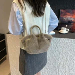 Large Capacity Solid Color Plush Bucket Bag Imitation Mink Fur Handbag Pleated Single Shoulder Crossbody Bag