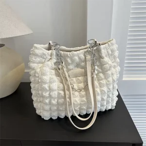 Large Capacity Spring New Women’s Pleated Bubble Shoulder Zipper Closure Student Leisure Tote Bag
