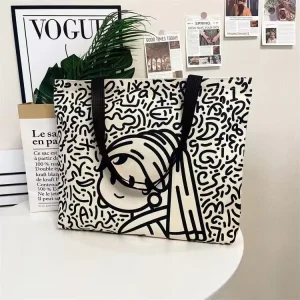 Large Capacity Summer Canvas Tote Bag Women Hand-held Shoulder Bag Open Closure Student Schoolbag