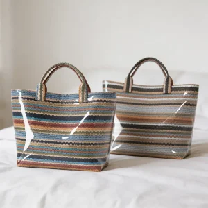 Large Capacity Waterproof Tote Bag Glossy Vintage Stripe Faux Woven Beach Handbag for Women Summer Beach Bag