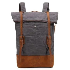 Large Capacity Waxed Canvas Leather Rucksack Rolltop Backpack Hiking Work Travel Outdoor Bag
