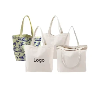 Logo All Over Print Cotton Tote Bag Large Capacity Beige Canvas Tote Bag With Zipper