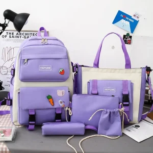 MKW2041 Canvas Backpack 5 Piece Set Student Backpack Female College Student Backpack With Shoulder Bag and Pencil Bags