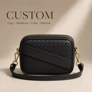 Manufacturer Custom Logo Woven Vegan Leather Zipper Adjustable Strap Camera Crossbody Bag for Travel with Gold Hardware