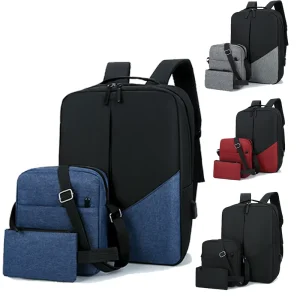 Men’s Three Piece Set Backpack Large Capacity Multi Functional USB Charging Port Water Resistant Bag for Business Casual Daily