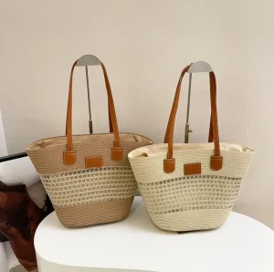 Minimalist Hollow Out Hexagon Mesh Woven Tote Bag with PU Handle, Large Capacity Straw Beach Bag for Summer Vacation
