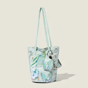 Mint Green Butterfly Print Canvas Shoulder Tote Detachable Mini Coin Pouch Secure Drawstring Shoulder Bag