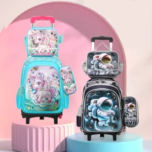 New 3D Cartoon Fashion Nylon Leather Trolley Schoolbag Large Capacity Portable Primary Student Travel Backpack Set Wheel