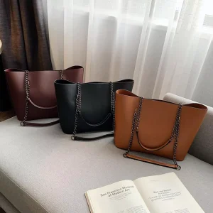 New Arrival Lady Chains Tote Bag PU Solid Color Stylish Shoulder Bag Handbag Large Capacity for Women Sac