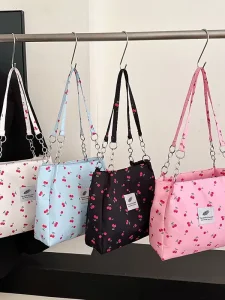 New Cherry Printed Black Blue White Pink Shoulder Bag Large Capacity Women’s Tote Bag Handbags Sacs Main Pour Femmes