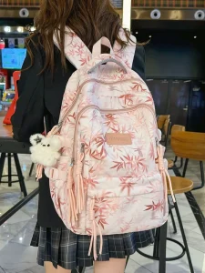 New Chinese Style Bamboo Leaf Zipper Nylon Schoolbag Backpack Curved Shoulder Straps for Junior/Senior High Students