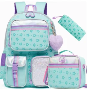 New Ergonomic Spine Protection Girls School Backpack with 3 in 1 Set Iridescent Star Print Bookbag for Primary Students