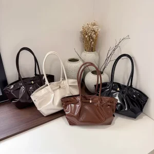 New Light Solid Color Tote Bag Large Capacity PU Leather Shoulder Bag for Shopping