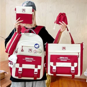 New Multi Piece Set Middle Elementary School Childlike Cute Nylon Letter Pattern Waterproof Durable Large Capacity Backpack