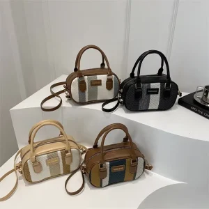 New Simple Fashionable Boston Crossbody Bag Retro Striped Contrast Color Zipper Closure Shoulder Handbags for Women