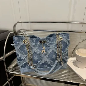 New Spring and Summer Distressed Canvas Tote Bag Large Capacity Portable Shoulder Bag Women’s Bag