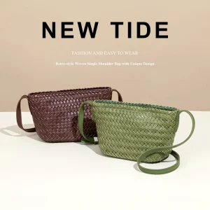 New Women’s Summer Bucket Bag Soft Woven PU Leather Casual Vacation Crossbody Shoulder Bag Mini Boat Phone Purse Daily
