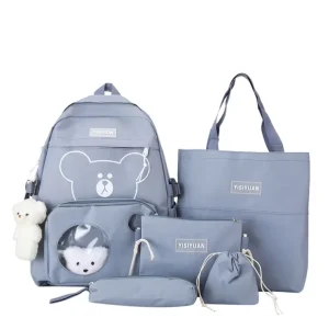 ODM New Design Fashion Travel Canvas School Bag Cute Student 5 Pcs Backpack Set
