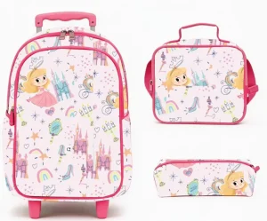 OEM ODM Waterproof Cartoon Zipper Wheeled School Backpack Trolley and Lunch Bag Pencil Case Set for Kids Custom Printing