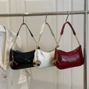 PU Leather Women’s Underarm Bag Fashionable Women’s Chain Bag Women’s Shoulder Bag with Cherry Pendant