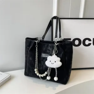 Pearl Chain Canvas Tote Bag with Cloud Pendant Large Capacity Shoulder Handbag for Girls