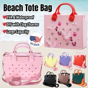 Portable EVA Beach Tote for Women Handbags Punch Holes for Clog Charms Durable Waterproof Bag for Shoe Charm Beach Bag Handbags