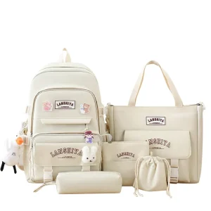 Portable Fashion Waterproof Zipper Closure 5 Piece Set Children School Backpack Large Capacity Canvas