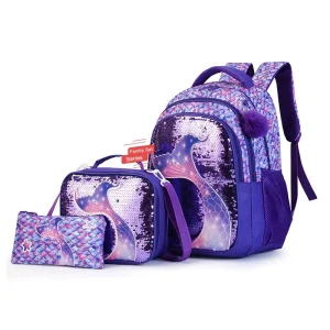 Primary Unisex Mermaid Backpack Set Cartoon Schoolbag 3pcs Student Bag Tiffin Bags Shiny Sequins Embroidered Polyester